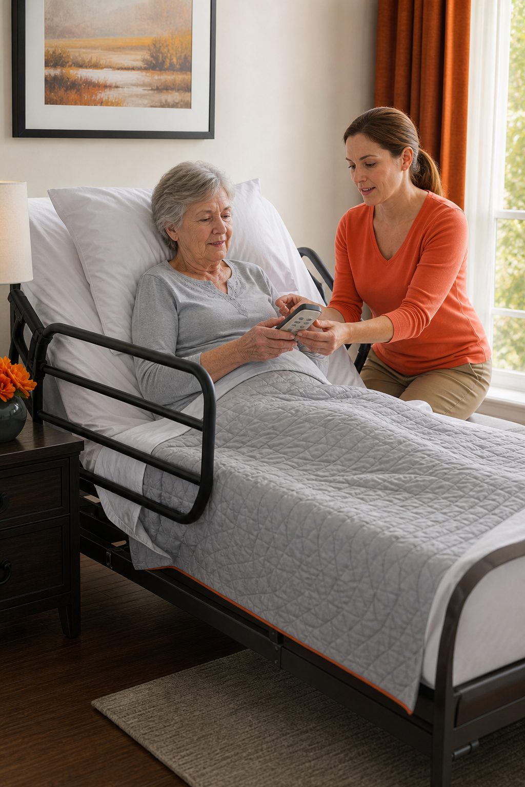 A realistic scene showing a caregiver gently demonstrating an adjustable bed remote control to an elderly woman in a well-lit bedroom, with safety side rails visible on the bed frame. Alt: caregiver showing adjustable bed safety features to senior with chronic fatigue syndrome.