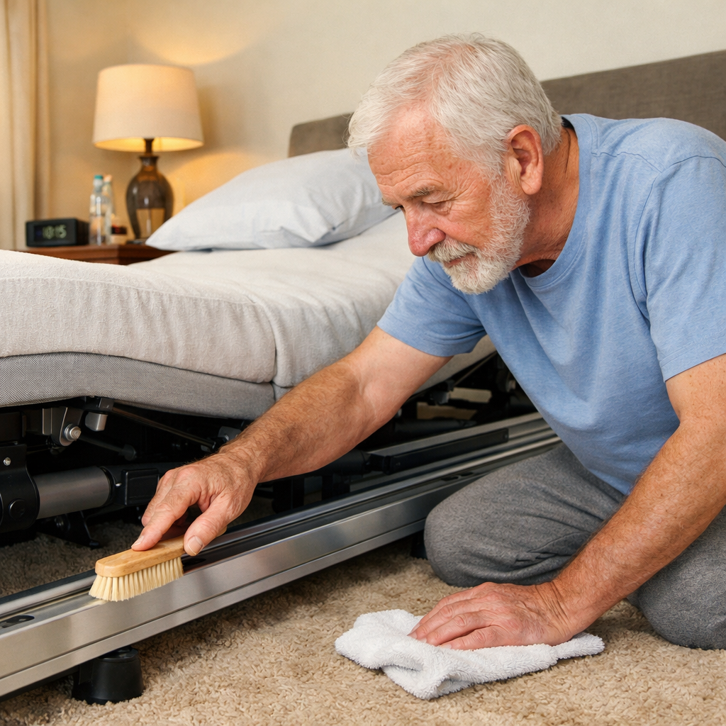 A realistic illustration of a senior gently cleaning the base tracks of an adjustable bed with a soft brush, showing the smooth metal rails and a tidy bedroom. Alt: maintenance of adjustable bed for edema relief