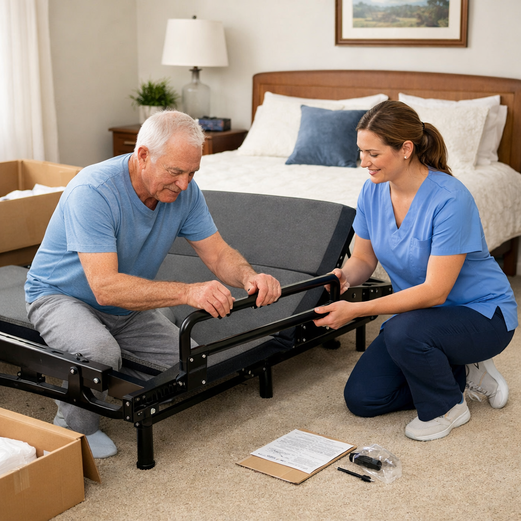 A realistic photo of a senior adult and caregiver unboxing an adjustable bed base in a tidy bedroom, showing clear floor space and side rails being attached. Alt: senior adjustable bed setup for knee pain