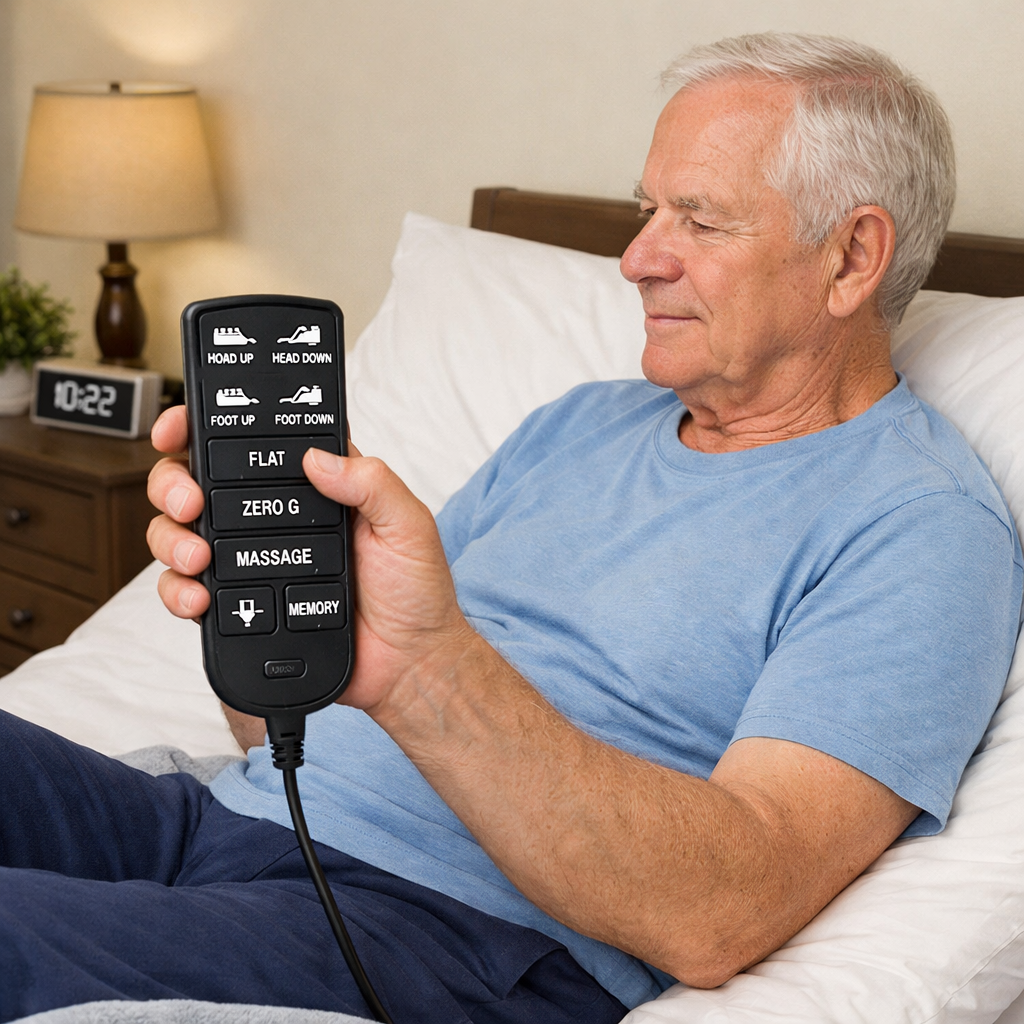 A realistic scene of an older adult testing an adjustable bed remote, showing clear button labels and a comfortable sitting position. Alt: senior testing adjustable bed remote