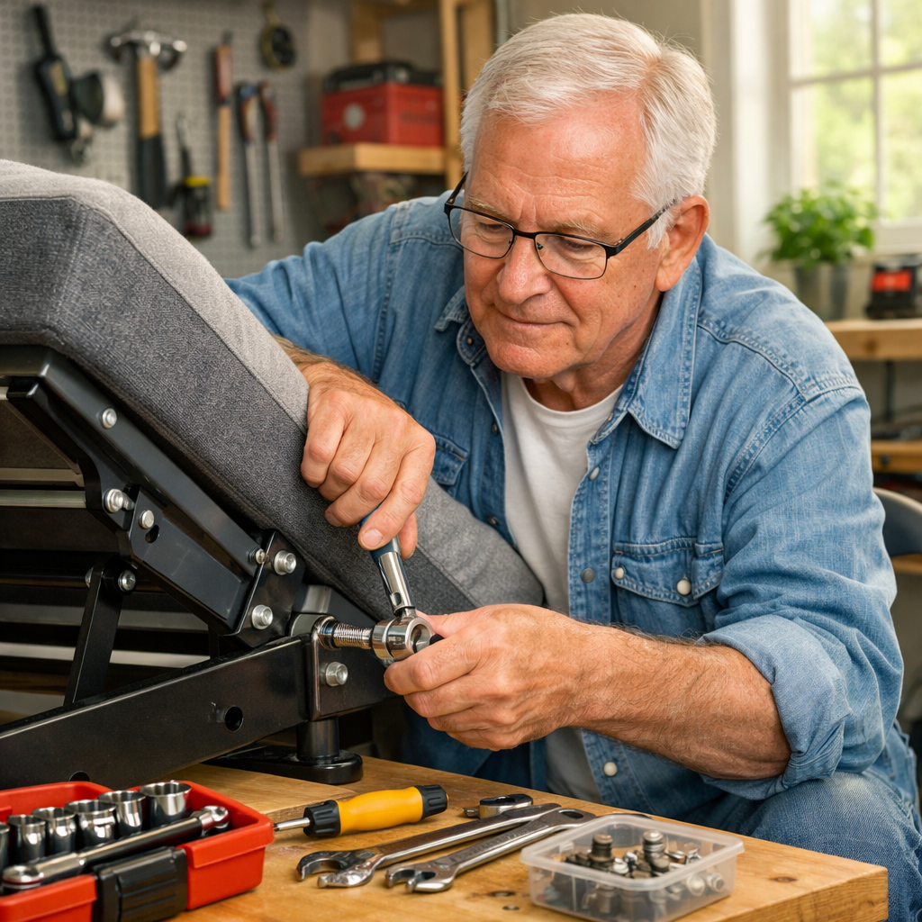 A realistic illustration of an older adult tightening bolts on an adjustable bed frame, with clear tools and a bright workshop setting. Alt: senior maintaining adjustable bed