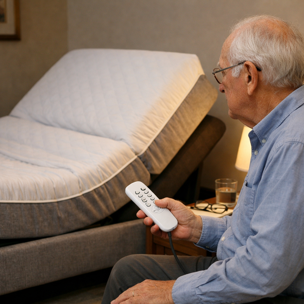 A realistic scene of an elderly person sitting on a bedside chair, holding a simple remote control, with a soft glow lamp, illustrating comfort assessment for an adjustable bed. Alt: senior assessing bed comfort needs