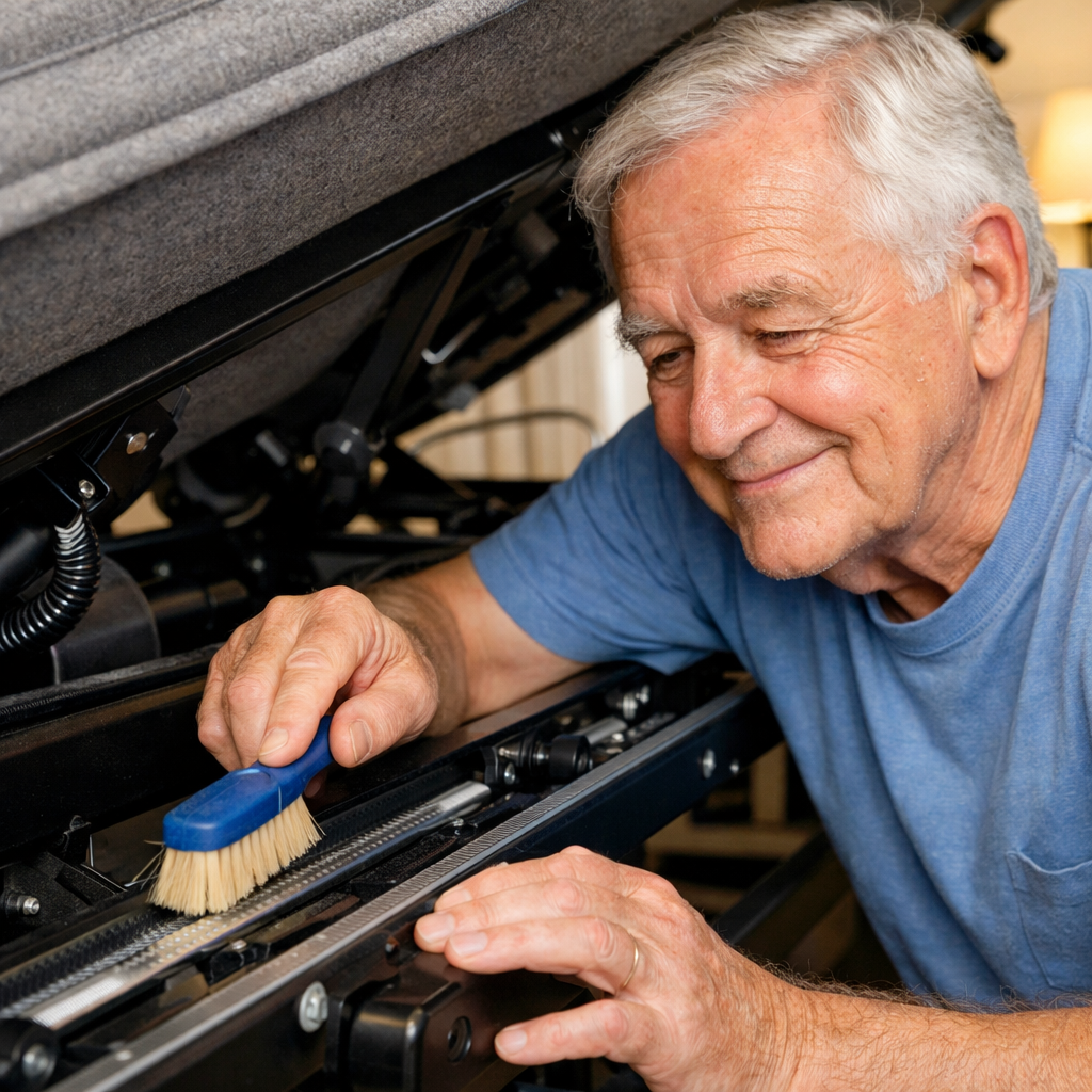 A realistic illustration of a senior cleaning the tracks of an adjustable bed with a soft brush, showing close‑up of the mechanism and a gentle smile. Alt: senior maintaining adjustable bed