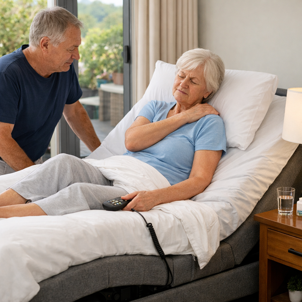 A photorealistic image related to adjustable-bed-for-seniors-with-shoulder-pain-australia. Alt: adjustable-bed-for-seniors-with-shoulder-pain-australia