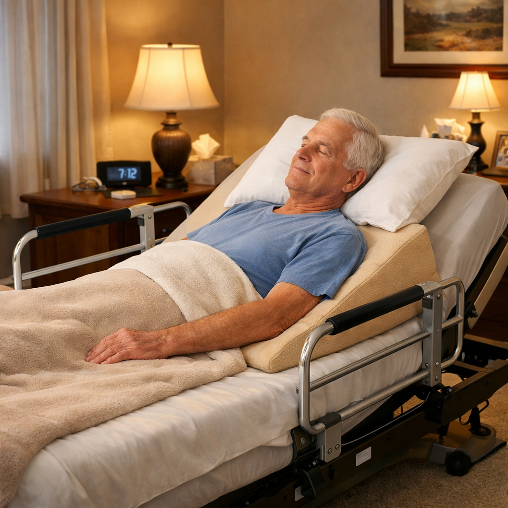 A realistic illustration of a senior’s bedroom with an adjustable bed, side rails, soft lighting and a small wedge pillow under the shoulder. Alt: adjustable bed accessories for senior shoulder comfort