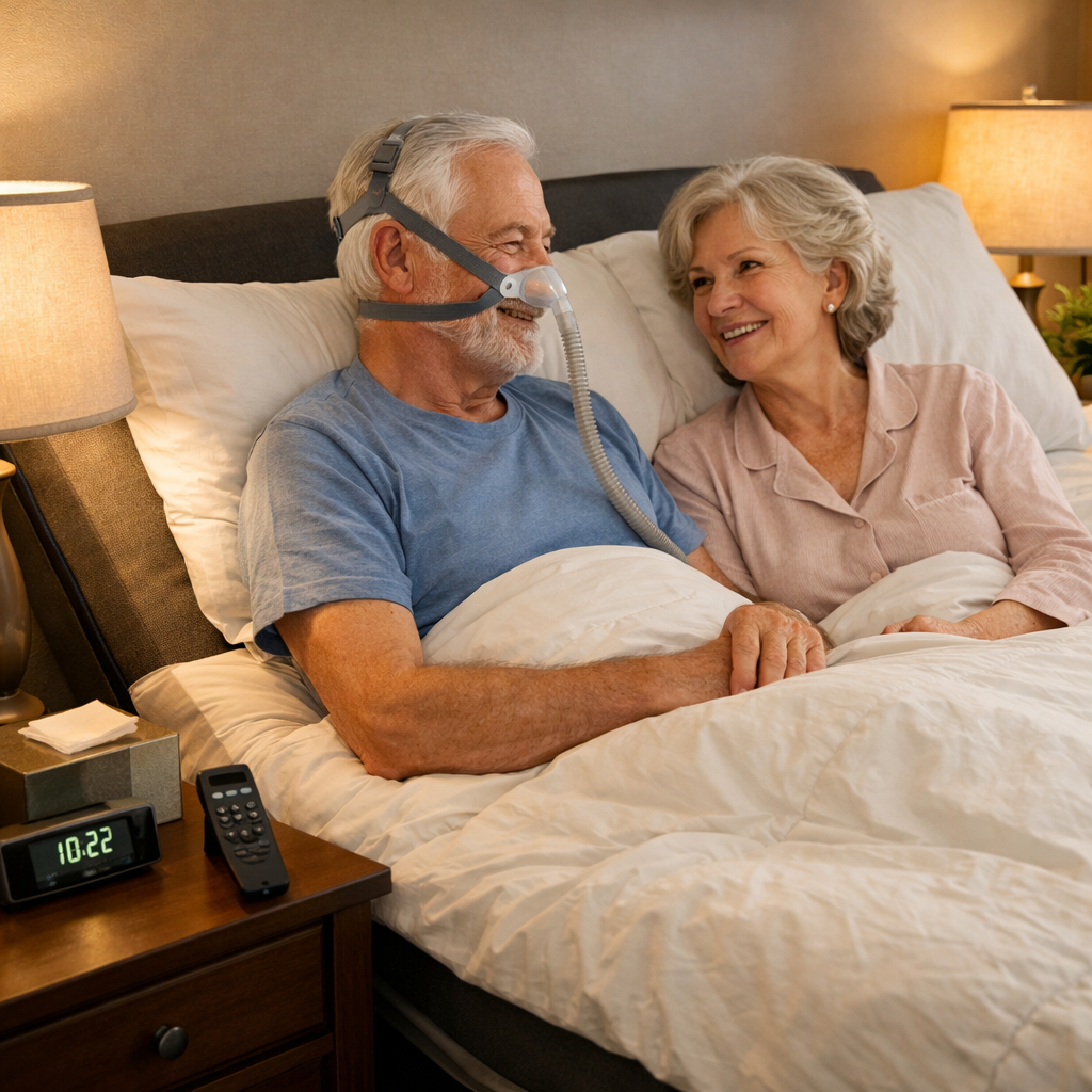 A photorealistic image of an elderly couple sitting up in an adjustable bed, with the head section raised. The bed has a remote control on the nightstand. The room is softly lit. Alt: elderly couple using adjustable bed for sleep apnea relief