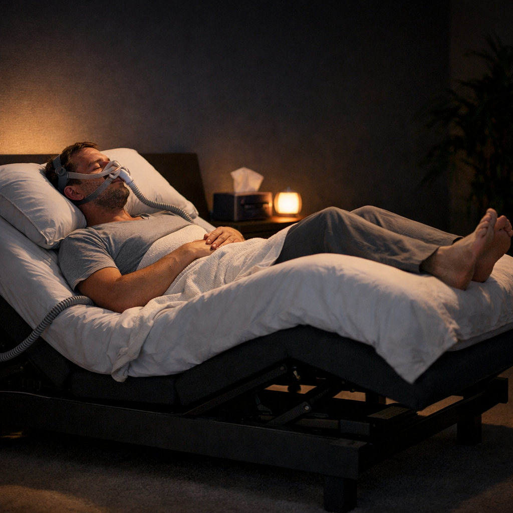 A photorealistic image of a person sleeping in an adjustable bed in zero gravity position. The head and feet are improved. The room is dark except for a gentle night light. Alt: person sleeping in zero gravity position on adjustable bed for sleep apnea