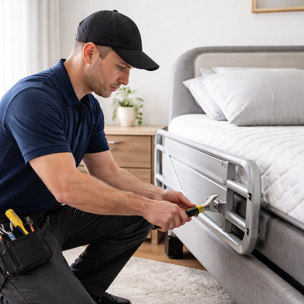 A realistic photo of a technician tightening an adjustable bed rail, Alt: maintenance of adjustable bed for shoulder pain