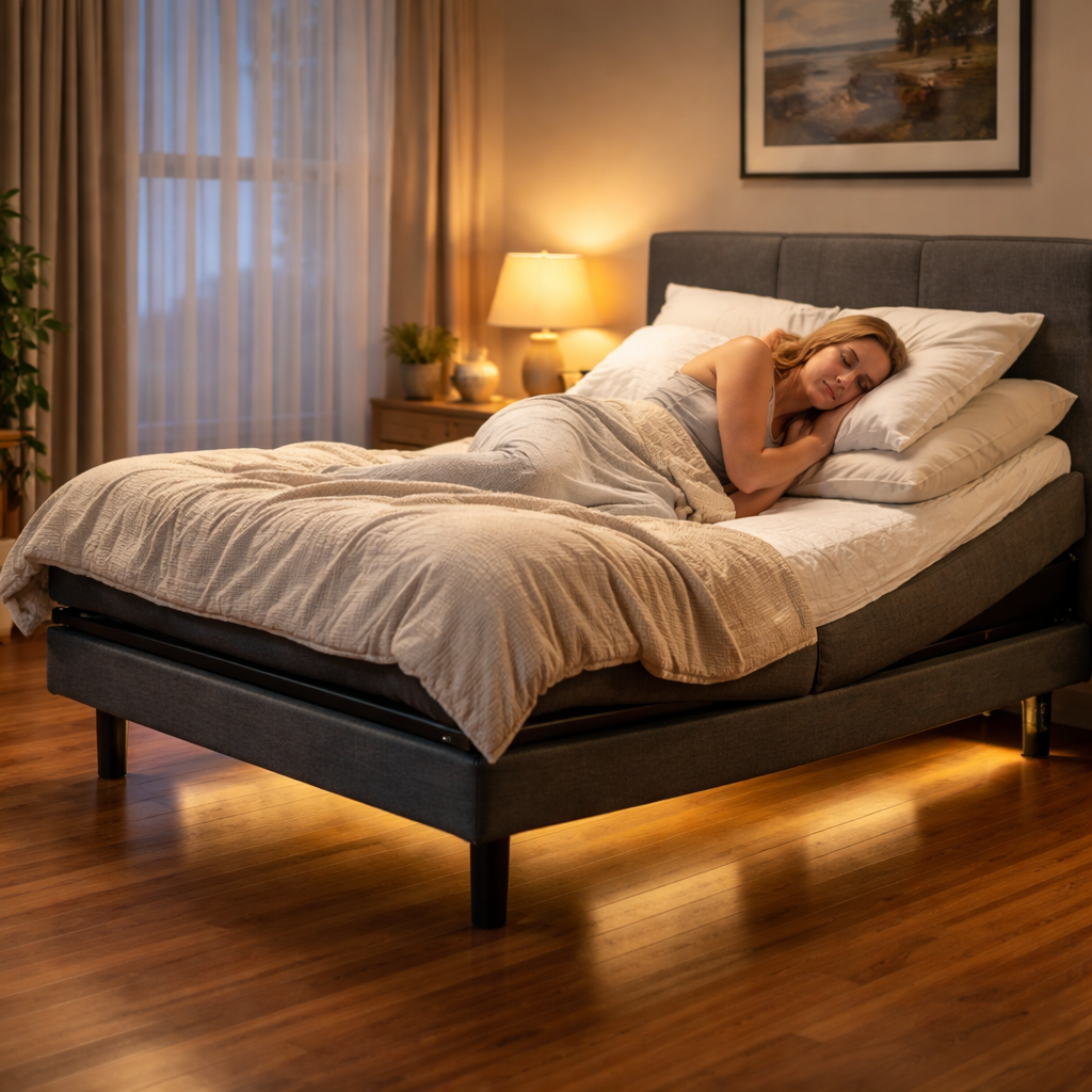 A photorealistic scene of an adult side‑sleeping on an electric adjustable bed in a softly lit Australian bedroom, the head section tilted 12 degrees, a comfortable pillow stack visible, and a sleek hardwood floor that reflects the warm glow of a bedside lamp. Alt: Adjustable bed for side sleepers with optimal tilt and supportive flooring.