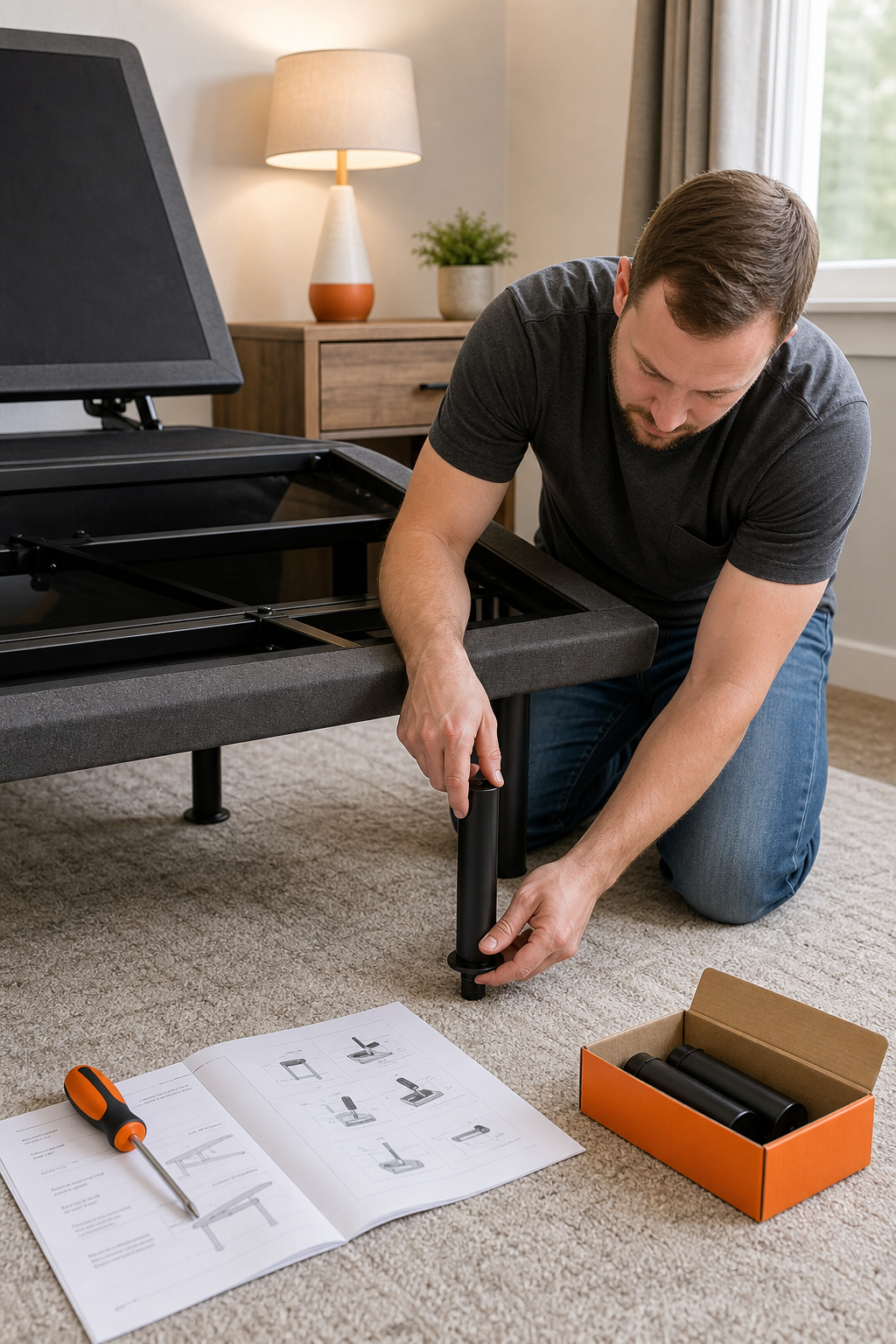 A realistic photo of a person adjusting the leg height on an adjustable bed frame, with tools and instructions nearby. Alt: Installing adjustable bed base legs for compatibility