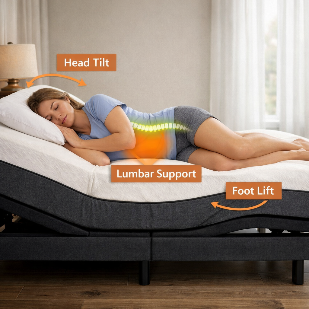 Realistic illustration of a side sleeper on an adjustable base showing head‑tilt, foot‑lift, and lumbar support zones. Alt: side sleeper with optimal spinal alignment on adjustable bed