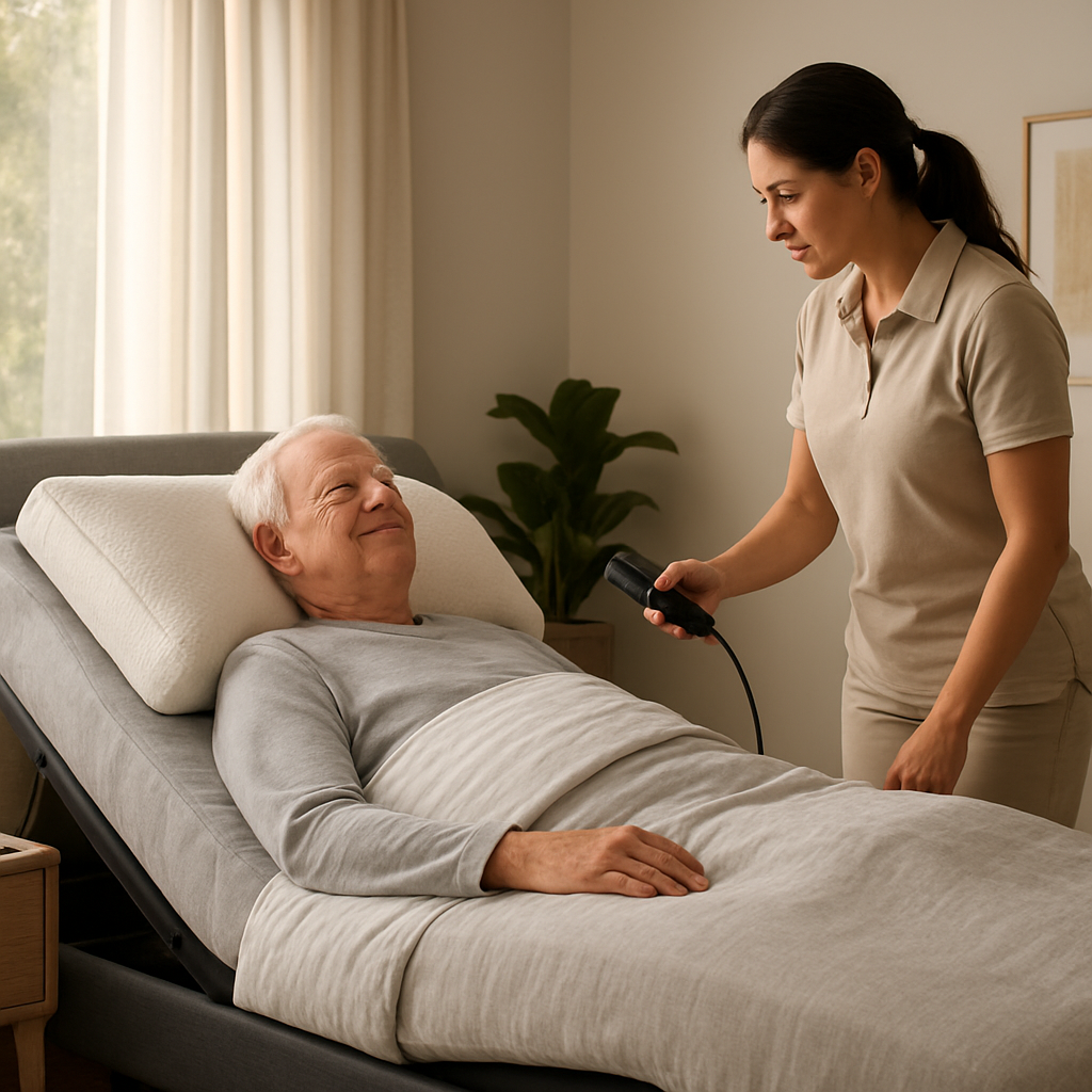 A photorealistic scene of a modern bedroom in Australia, showing a sleek electric adjustable bed in a slightly raised head‑up position, a gentle morning light filtering through curtains, a caregiver adjusting the remote while an elderly person relaxes with a contour pillow, emphasizing comfort and therapeutic support for sleep apnea relief.