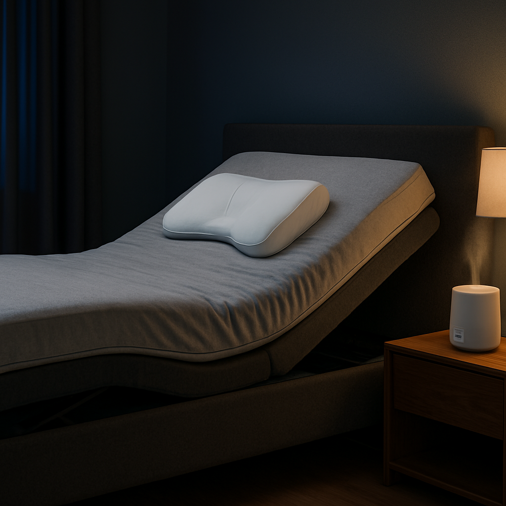 A photorealistic scene of a modern Australian bedroom at night, showing an adjustable bed raised to a 35-degree head‑up angle, a contour CPAP‑friendly pillow on the mattress, a small white humidifier on the nightstand, and a caregiver’s wireless button placed within easy reach. Alt: Adjustable bed for sleep apnea relief with complementary aids.
