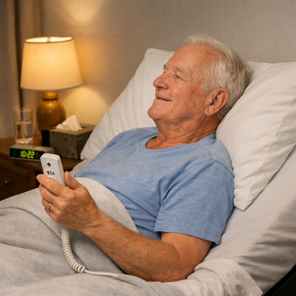 A realistic scene of a senior using a remote to adjust a bed, with soft lighting, showing the head‑up position that opens the airway. Alt: adjustable bed for sleep apnea seniors, senior using remote, head elevation.