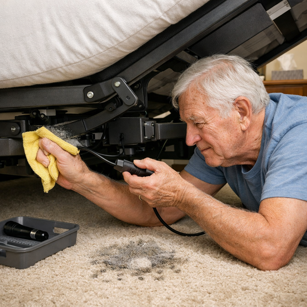 A realistic illustration of a senior gently cleaning the underside of an adjustable bed, showing dust removal and cable check. Alt: maintenance of adjustable bed for sleep apnea seniors, senior cleaning, cable inspection.