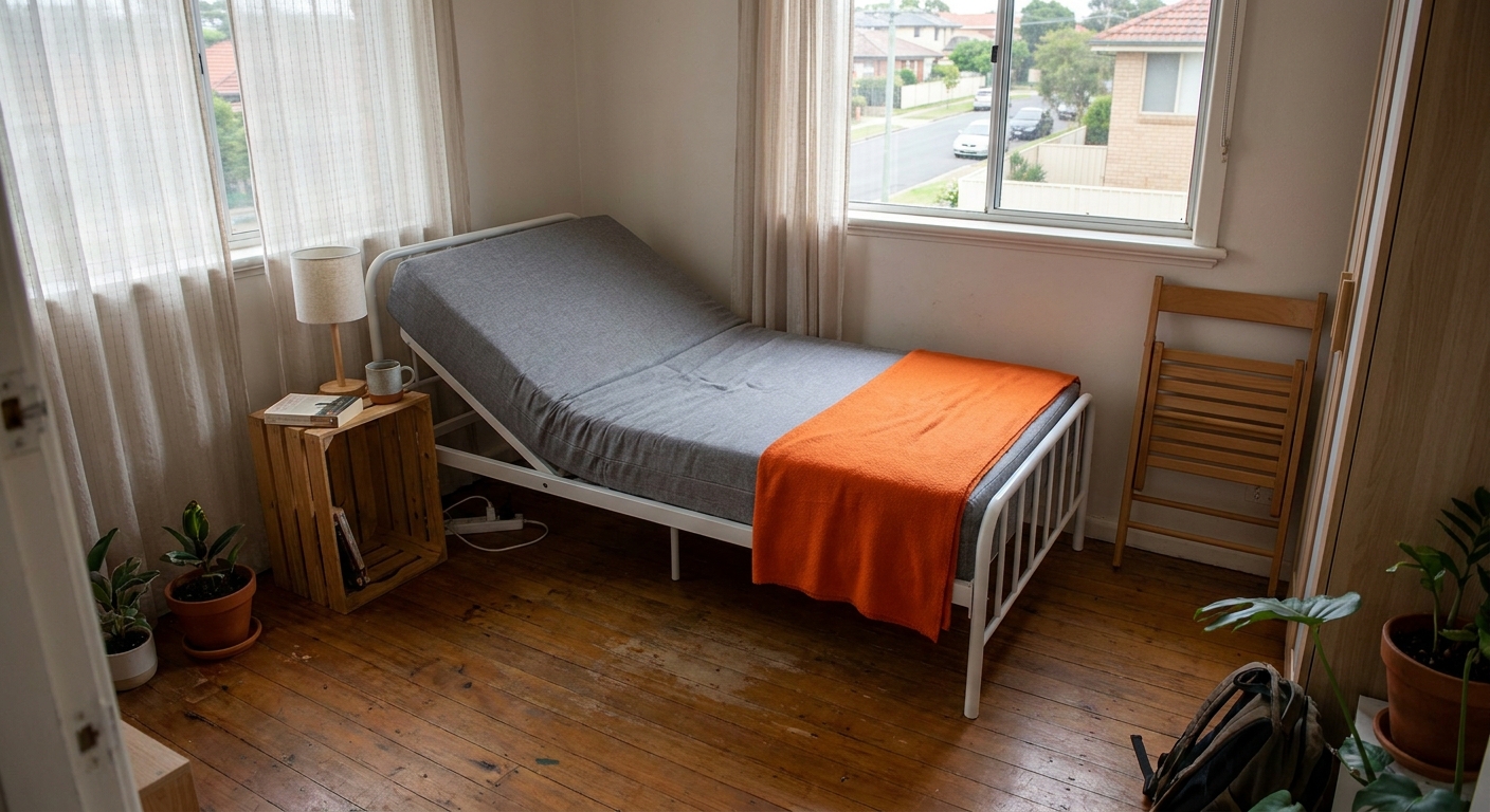 A photorealistic bedroom scene showing a compact upholstered adjustable bed in a tight Australian apartment, with soft natural lighting, a nightstand, and a wall‑hugging layout. Alt: compact upholstered adjustable bed for small bedroom australia