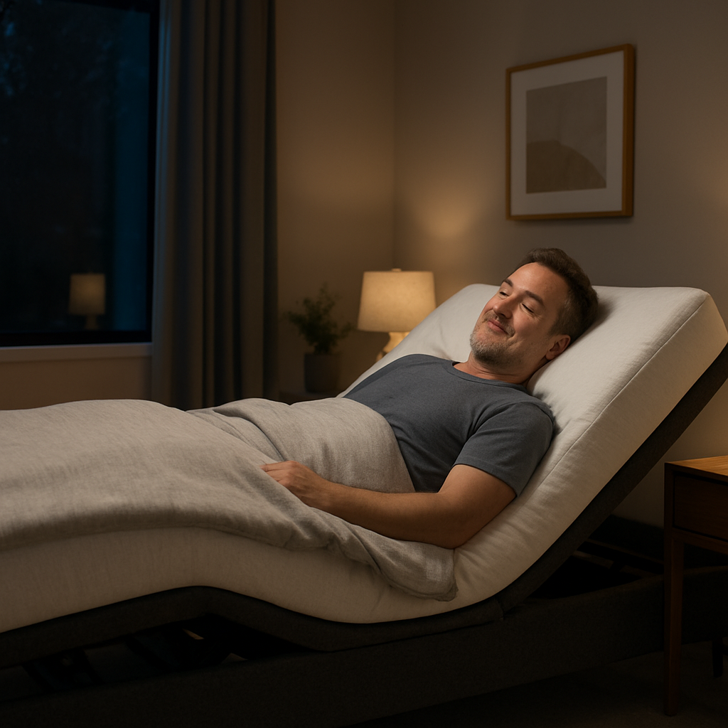 A photorealistic scene of a modern Australian bedroom at night, showing an adjustable bed set to a 30‑degree head‑tilt, soft lighting, and a calm sleeper with a subtle smile, highlighting the reduction of snoring. Alt: Adjustable bed for snoring, head elevation, restful sleep.
