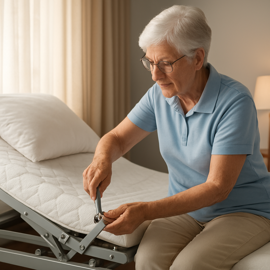 A photorealistic scene of an elderly caregiver gently tightening bolts on the frame of an adjustable bed in a bright Australian bedroom, with a soft morning light filtering through curtains, emphasizing maintenance and snoring relief. Alt: Adjustable bed maintenance for snoring relief