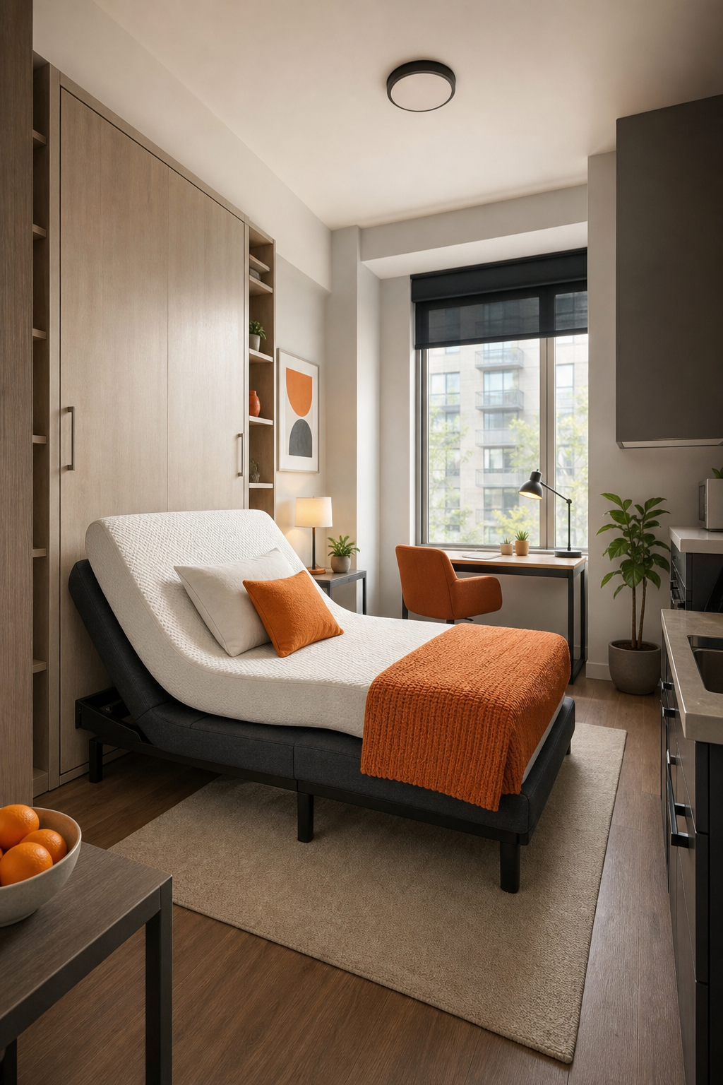 A photorealistic depiction of a compact studio layout showing an adjustable bed base with space-saving placement and a reading desk nearby. Alt: Studio layout with adjustable bed space-saving design.