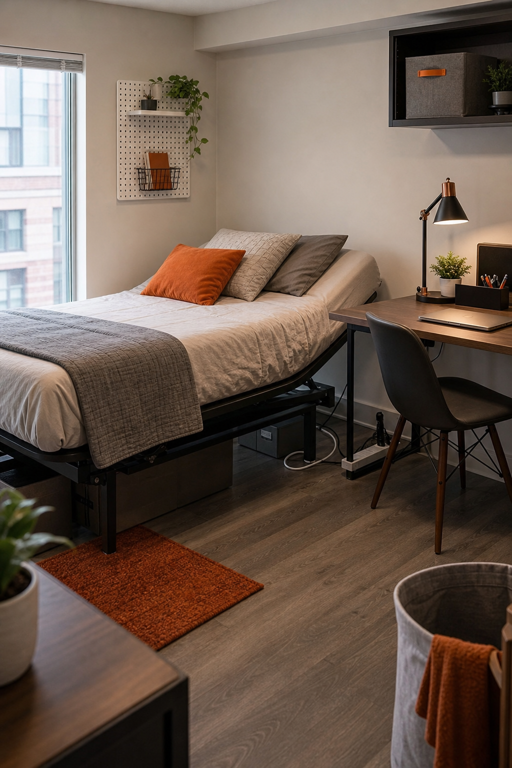 A photorealistic image prompt depicting a budget‑friendly, compact setup with an adjustable bed in a tiny studio, showing clean cable management and a small desk nearby. Alt: Compact studio with budget adjustable bed and desk.