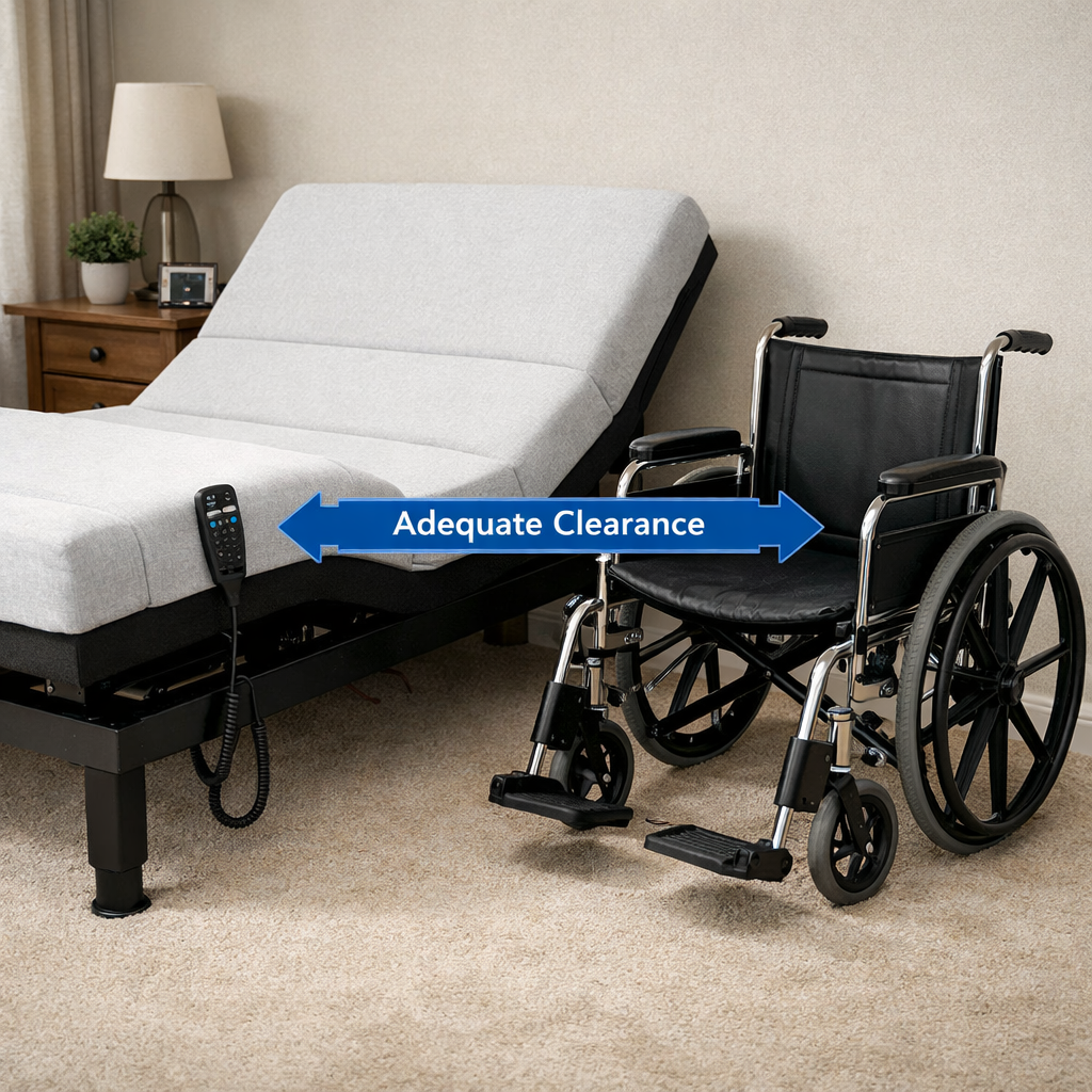 A realistic illustration of a wheelchair positioned next to an adjustable bed base, showing clearance and remote control placement. Alt: adjustable bed wheelchair clearance guide