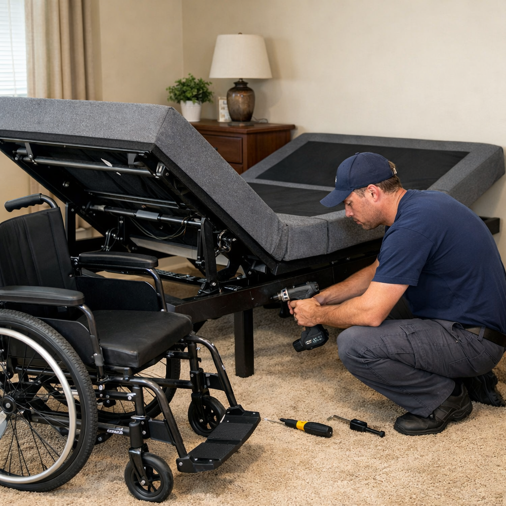 A realistic scene showing a technician installing an adjustable bed base, with a wheelchair positioned nearby for clearance. Alt: adjustable bed installation wheelchair clearance