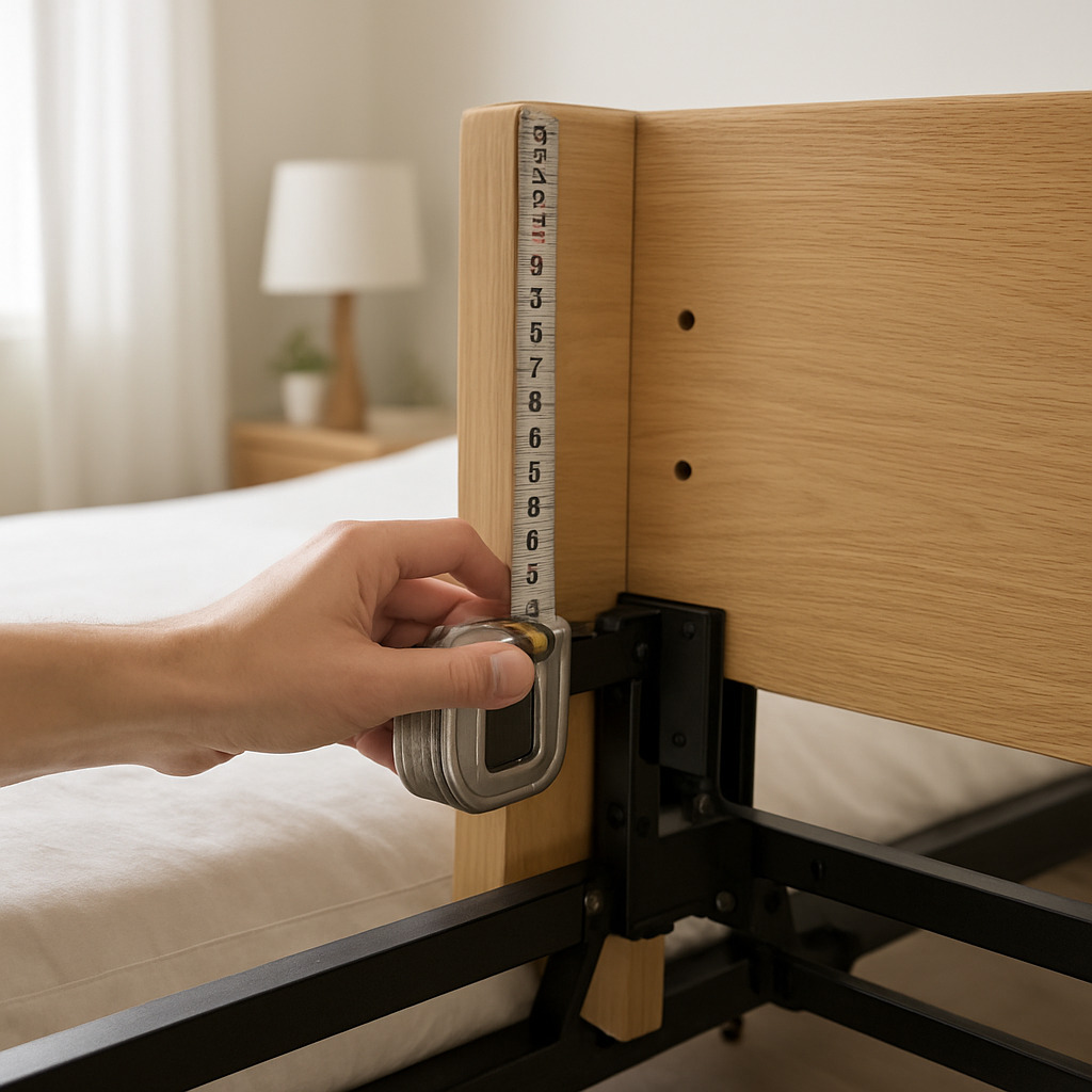 A photorealistic scene of a hand holding a steel tape measure next to an adjustable bed frame, showing the distance between side rails and a headboard with pre‑drilled holes. The setting is a bright, modern Australian bedroom, with soft natural light highlighting the measurement details. Alt: Adjustable bed headboard brackets measurement guide.