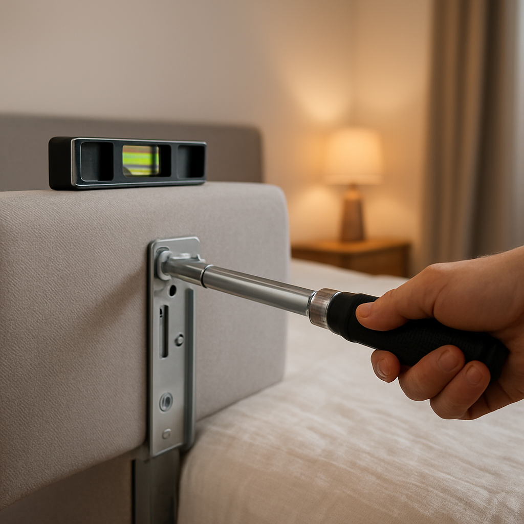 A photorealistic scene of a hand tightening a bolt on an adjustable bed headboard bracket with a torque wrench, showing a level placed on the headboard, soft lighting in a modern Australian bedroom, highlighting the precise adjustments for comfort. Alt: Adjustable bed headboard brackets being fine‑tuned for comfort.