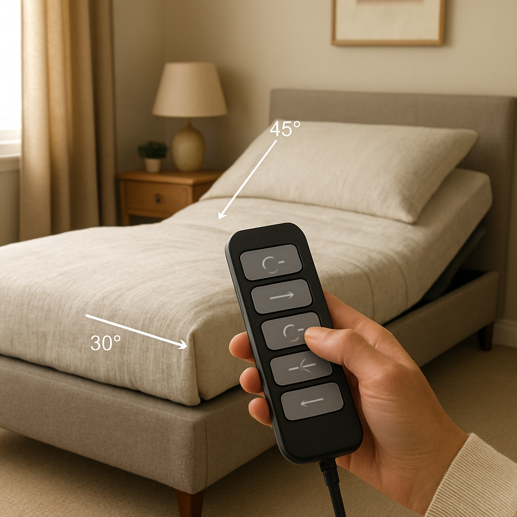 A cozy bedroom scene showing a person adjusting an adjustable bed remote, with highlighted angles on the head and foot sections; Alt: Customizing adjustable bed preset positions for personalized comfort