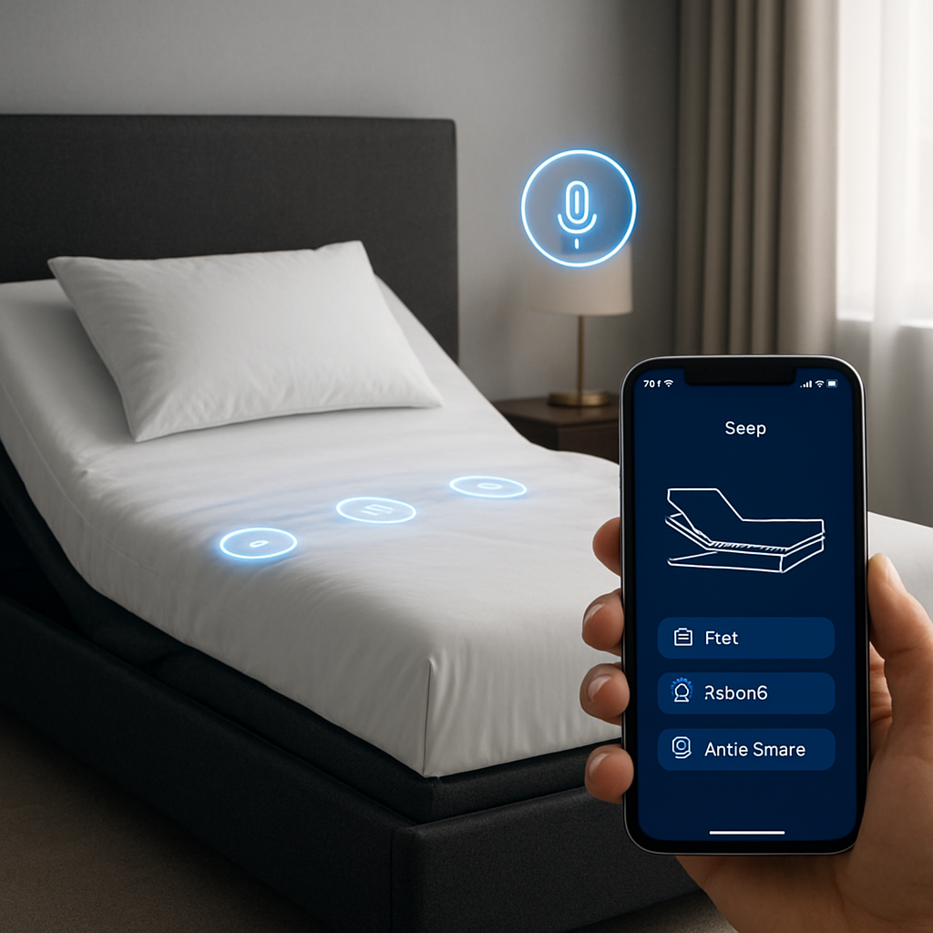 A sleek modern bedroom showing an adjustable bed with a glowing app interface on a smartphone, highlighting sensor icons on the mattress and voice assistant symbols floating nearby; Alt: Advanced features and future trends for adjustable bed preset positions explained