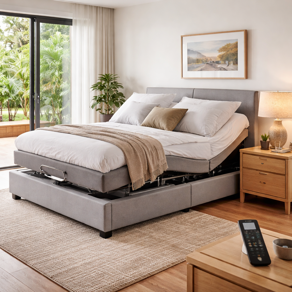 A photorealistic bedroom in an Australian home showing an electric adjustable bed with a remote control on a nightstand, highlighting the bed’s motor and size, appealing to people with chronic pain or mobility needs. Alt: adjustable bed price australia – visual guide to factors that affect cost.