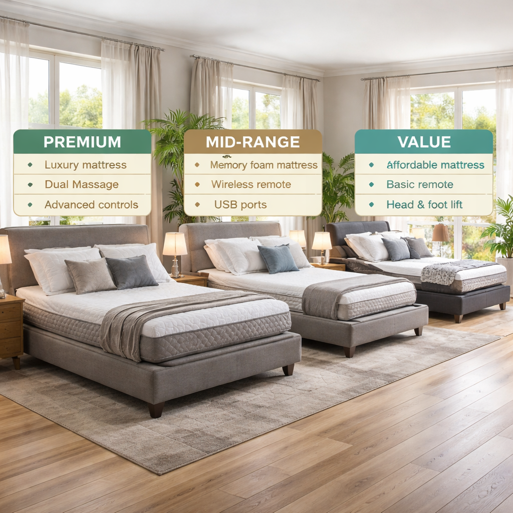 A photorealistic scene of an Australian bedroom showing three adjustable beds side by side, each labeled with price tier and key features, soft natural light, realistic textures, realistic style.