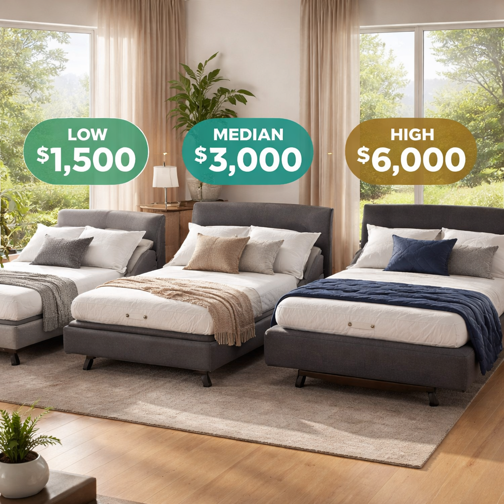 A photorealistic scene of a modern Australian bedroom showing three adjustable beds side by side, each with a price tag overlay indicating low, median, and high price ranges, natural daylight streaming through a window, soft focus on bedding, representing an adjustable bed price comparison australia. Alt: Adjustable bed price comparison australia with price ranges visualised
