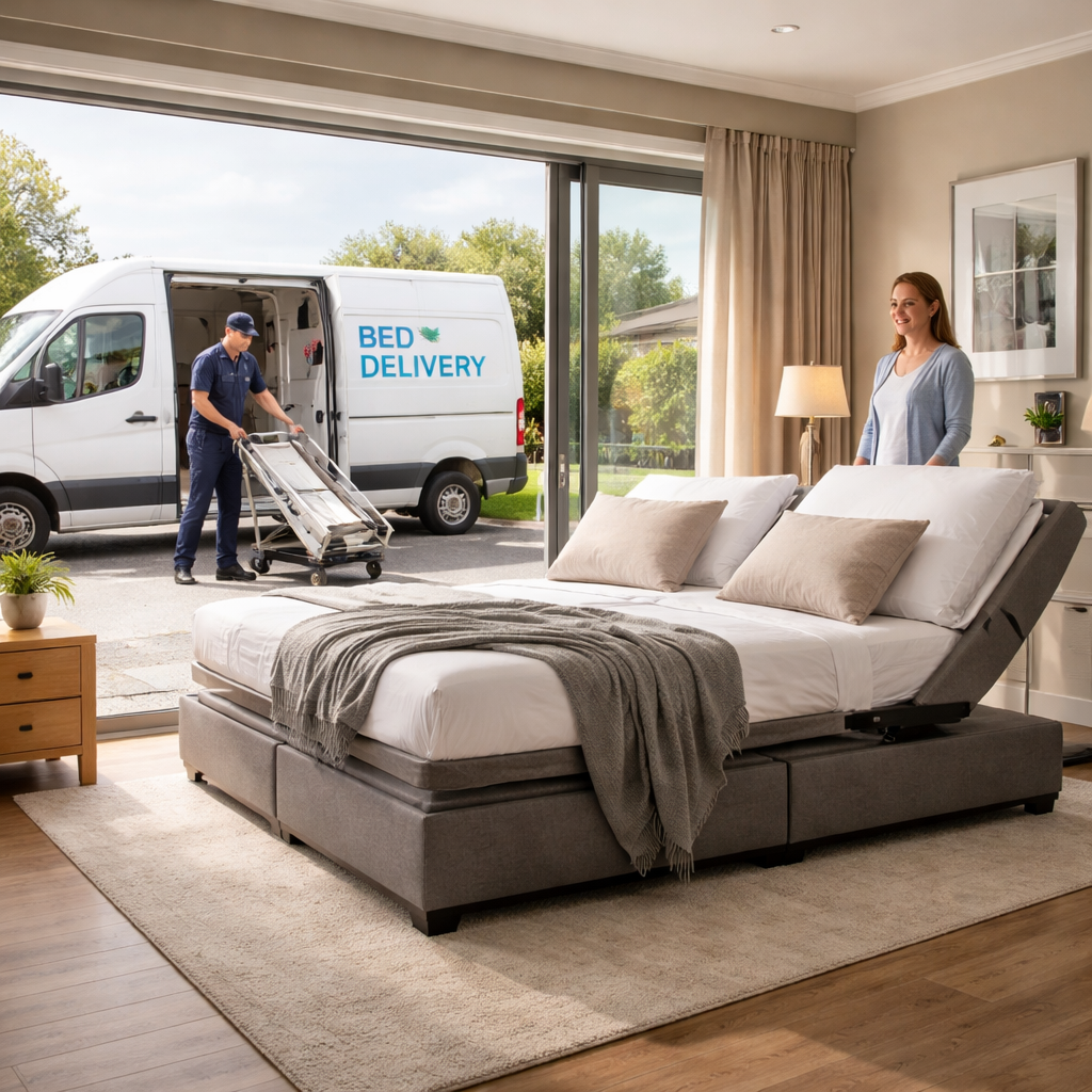 A photorealistic scene of a modern Australian bedroom with an adjustable bed, a delivery van parked outside, and a technician unloading the bed while a caregiver watches. Alt: Adjustable bed price comparison australia – delivery and service considerations