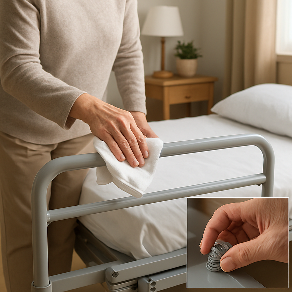 An older adult gently wiping the side rail of an adjustable bed with a soft cloth, showing a tidy bedroom and a close‑up of a hand checking a bolt. Alt: Regular maintenance of adjustable bed for senior safety.
