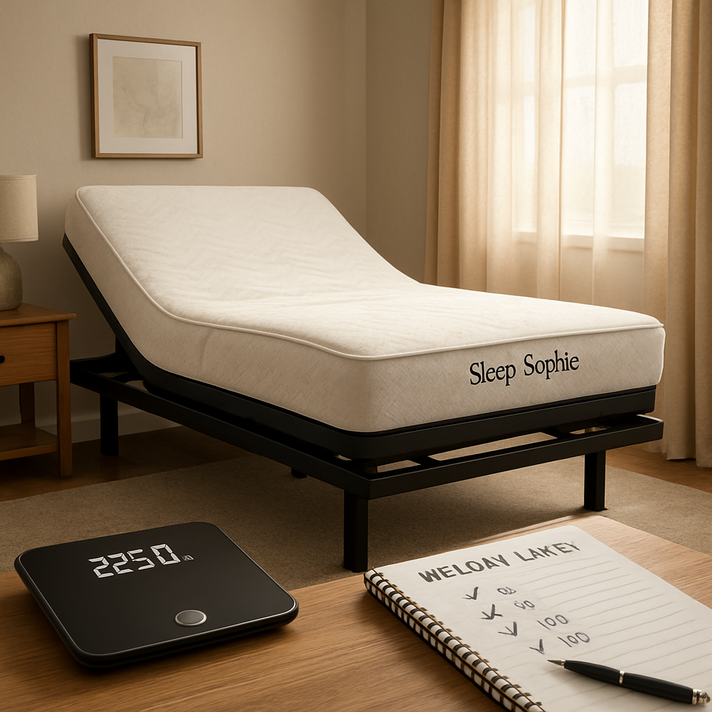 A photorealistic scene of an Australian bedroom with a Sleep Sophie adjustable bed, a digital weight scale showing combined sleeper weight, and a notebook with a checklist of weight calculations. Soft morning light filters through curtains, highlighting the sturdy steel frame. Alt: Adjustable bed weight limit checklist in realistic bedroom.
