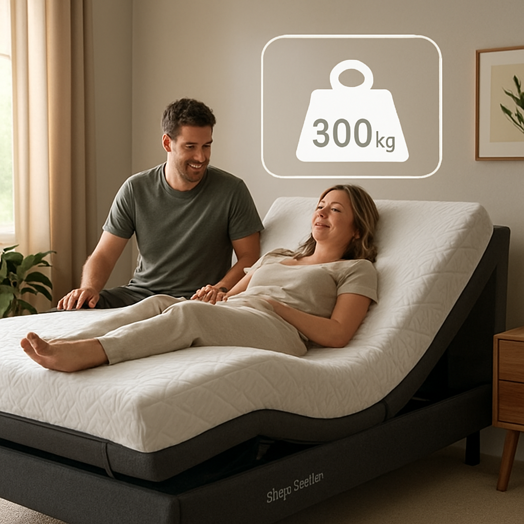 A photorealistic scene of a modern Australian bedroom featuring a Sleep Sophie adjustable bed with a visible weight scale overlay showing the adjustable bed weight limit, a couple testing the head‑lift function, soft natural lighting, realistic textures, Realism style. Alt: Adjustable bed weight limit illustration in realistic style.