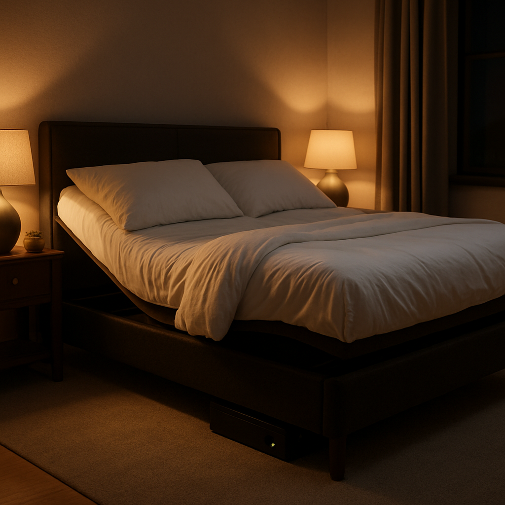 A cozy bedroom at night with an adjustable bed, soft ambient lighting, and a visible battery backup unit discreetly tucked under the bed frame. Alt: Adjustable bed with battery backup Australia, nighttime comfort, power outage preparedness.