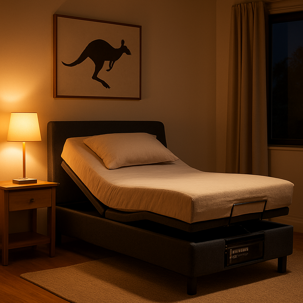 An Australian bedroom at night, soft lamp light illuminating a sleek adjustable bed with its battery compartment slightly open, showing a compact lithium‑ion pack. Alt: Adjustable bed with battery backup Australia – safe, comfortable nighttime setup.