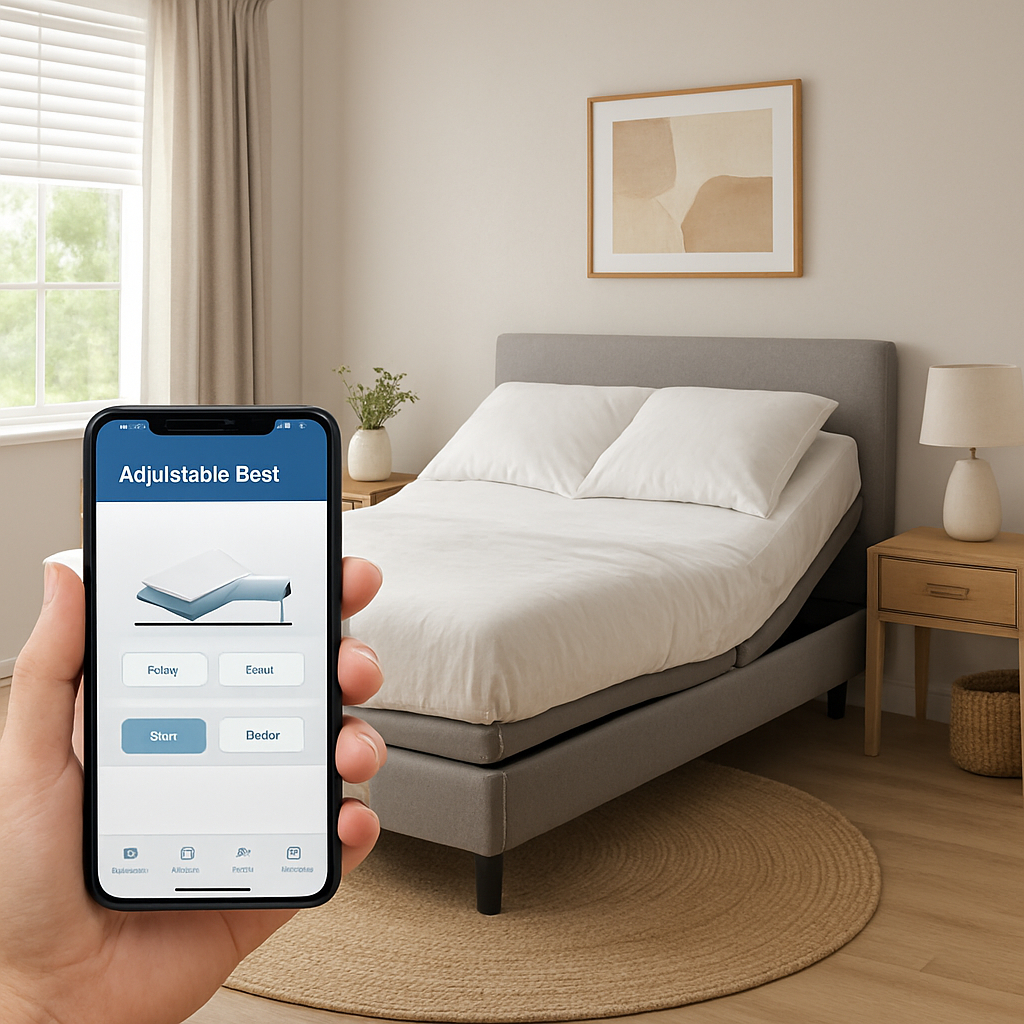 A modern Australian bedroom showcasing a smart adjustable bed with a phone app interface. Alt: adjustable bed with smartphone app australia