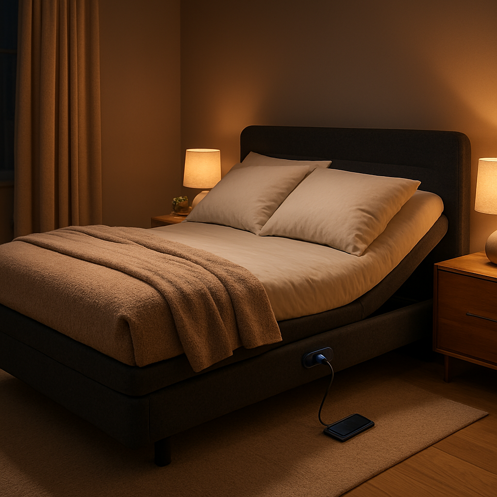 A modern Australian bedroom at night, soft lighting, a sleek adjustable bed with a visible USB port on the side rail, a phone charging on the rail, warm wood tones, cozy blankets. Alt: Adjustable bed with USB ports Australia – comfortable, tech‑enabled sleep environment.