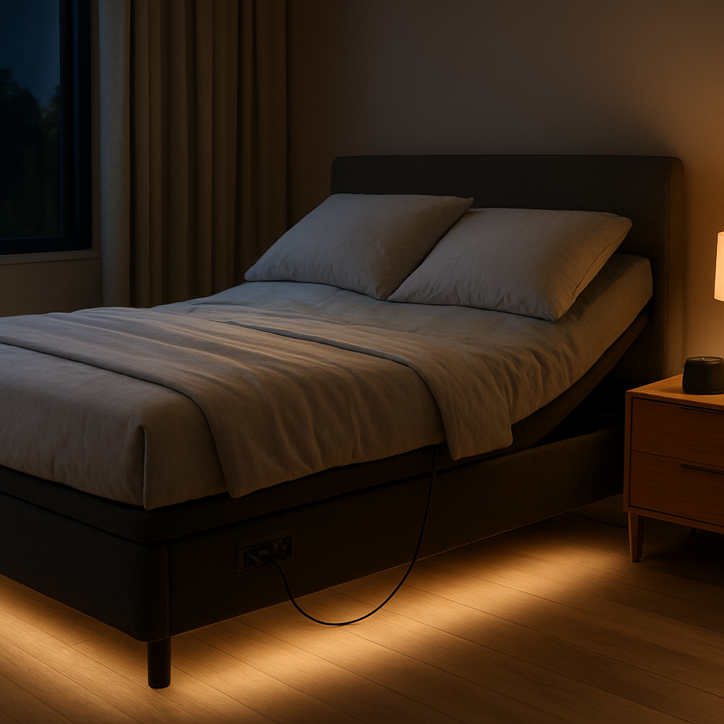 A modern Australian bedroom at night, showing an adjustable bed with built‑in USB ports on the side rail, a phone charging, soft LED under‑bed lighting, and a small Bluetooth speaker on the bedside table. Alt: Adjustable bed with USB ports Australia, safe charging, night‑light integration.