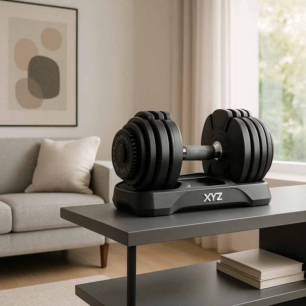 A modern living room with a compact XYZ Adjustable Dumbbell Set on a sleek shelf, showing the dial and multiple weight plates visible. Alt: XYZ adjustable dumbbell set cheap home gym solution