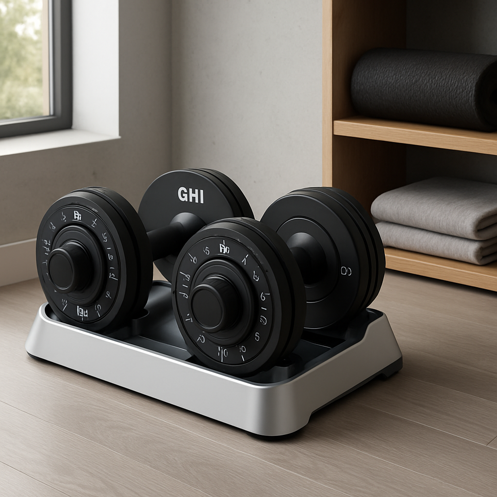 A modern, compact home gym corner with two GHI Space‑Saving Adjustable Dumbbells on a sleek aluminum cradle, showing the twist‑dial handle and a clear view of the 5‑lb increment markings. Alt: GHI adjustable dumbbell set cheap space‑saving home gym solution.