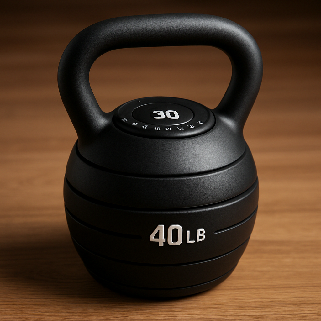 A sleek, modern adjustable kettlebell 40 lb sitting on a wooden floor with its dial turned to 30 lb, soft lighting highlighting the ergonomic handle. Alt: Adjustable kettlebell 40 lb with dial adjustment