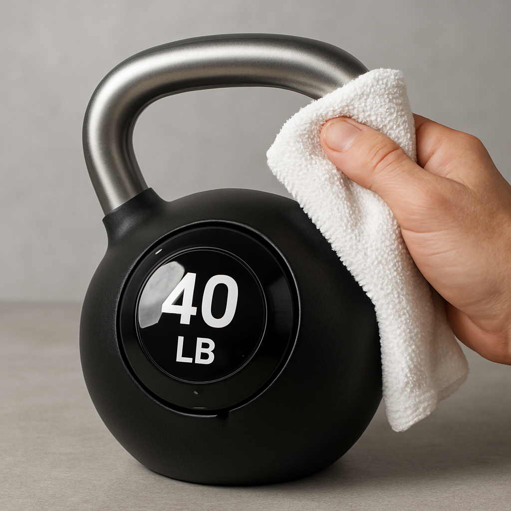 A close‑up of an adjustable kettlebell 40 lb being wiped down, showing a clean metal handle and a glossy dial. Alt: Maintenance routine for an adjustable kettlebell 40 lb.