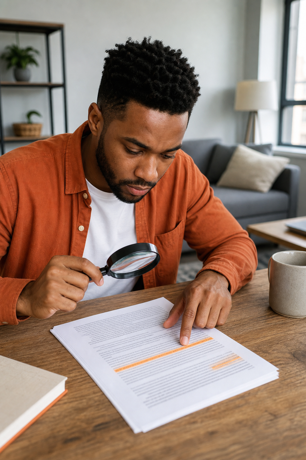 A realistic illustration of a renter reviewing a lease with highlighted fee sections and a magnifying glass. Alt: legal considerations admin fee lease
