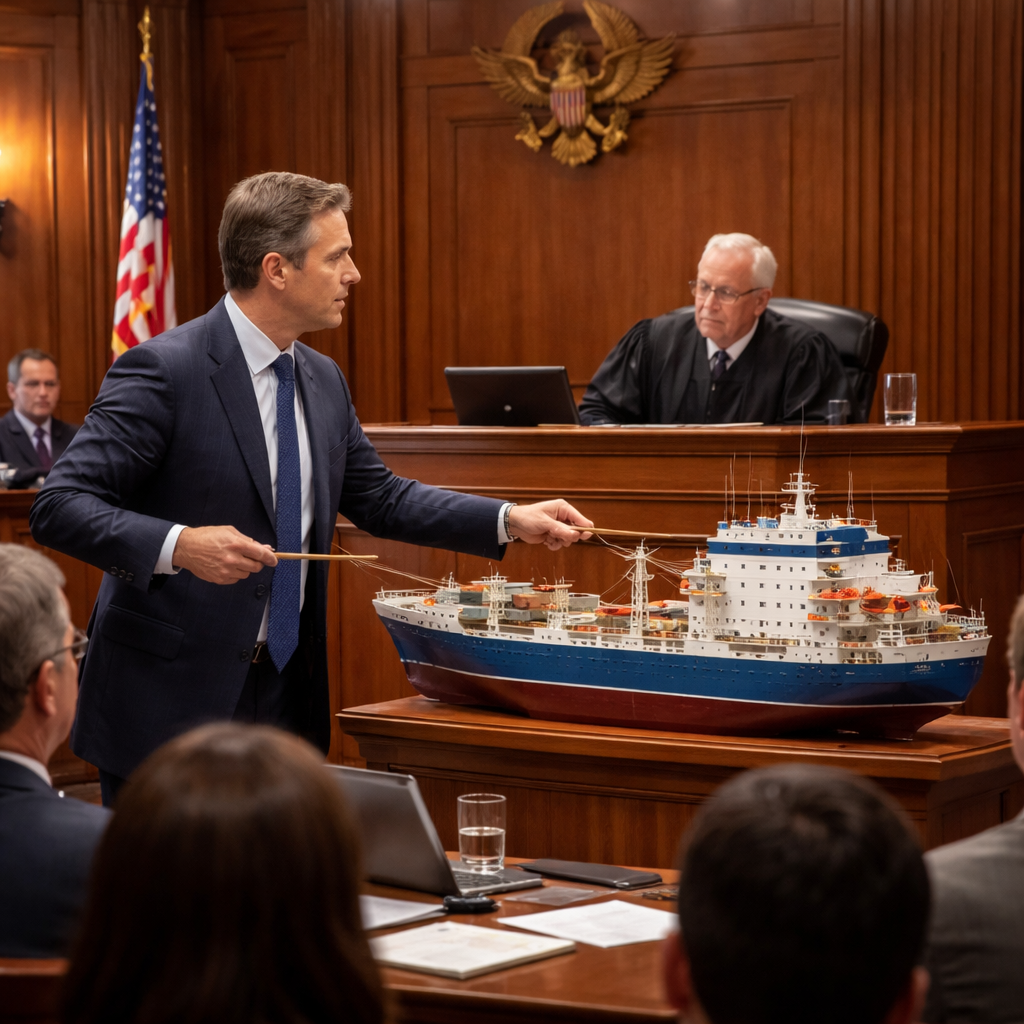 A photorealistic illustration of a courtroom where a lawyer points to a ship model while a judge listens. Alt: admiralty lawyer explaining maritime lien in court