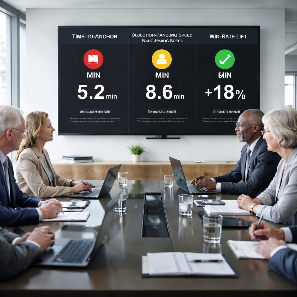 A photorealistic scene of a senior leader in a modern office, reviewing a negotiation dashboard on a large screen while a coach sits beside them, both pointing at micro‑cue video clips on a tablet. Natural daylight streams through floor‑to‑ceiling windows, and a whiteboard in the background shows a 3‑D stakeholder map. Alt: senior leader receiving continuous coaching after advanced negotiation training.