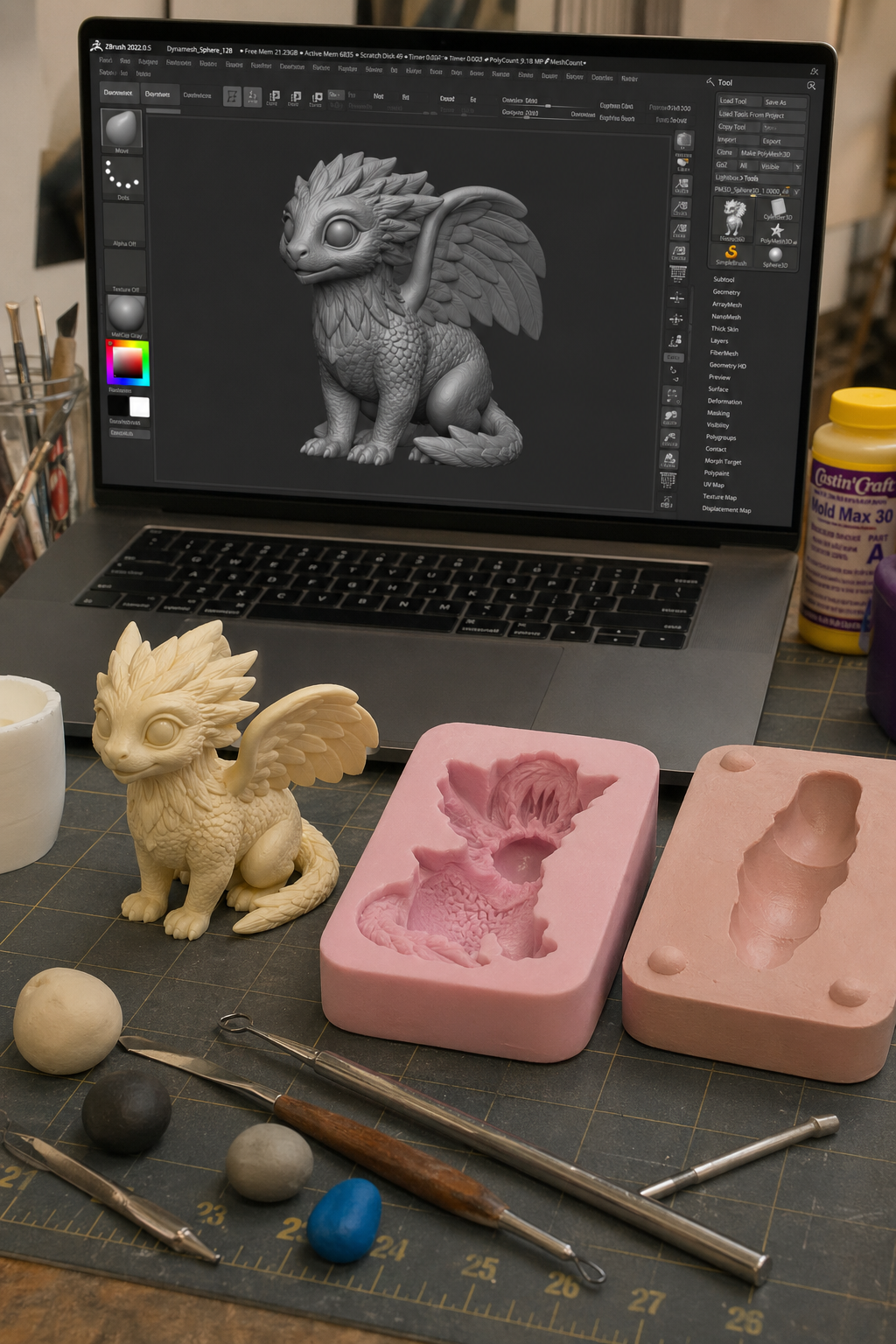 A photorealistic setup showing a laptop with 3D model of a fantasy creature next to a silicone mold and polymer clay cast. Alt: Digital tools for polymer clay sculpting including 3D modeling and mold making.